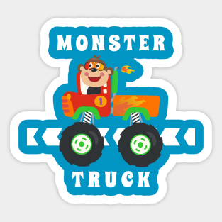 Cartoon vector of monster truck with little animal driver. Sticker